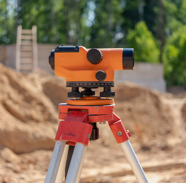 Land surveyor set up at building site